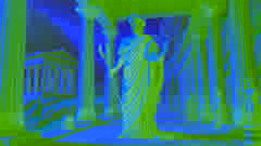 Apollo at Delphi, holding his lyre, establishing the Oracle in a sunlit temple.
