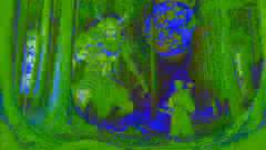 Haruto se enfrenta al imponente Oni en un denso bosque, apuntando con su arco con valentía y determinación.