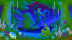 Odysseus wird von der Nymphe Kalypso auf der Insel Ogygia festgehalten, umgeben von üppigem Grün.
