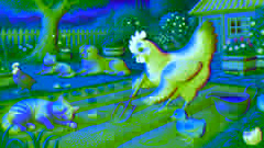 La pequeña gallina roja está sembrando trigo en su jardín, mientras el perezoso gato, el perro y el pato observan sin ayudar.