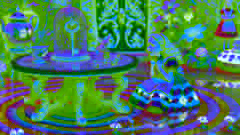Alice crying by a glass table with a golden key on it, surrounded by a pool of her own tears, emphasizing her small size.