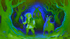 Tatterhood se enfrenta a la reina bruja en un bosque oscuro y espeluznante, sosteniendo su cuchara de madera con desafío.