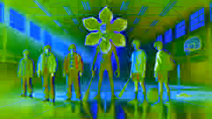 Los chicos se colocan en una postura defensiva en el gimnasio de la escuela secundaria Hawkins, frente al amenazante Demogorgon en la oscura habitación.