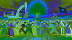 Dorfbewohner blockieren Baumaschinen in der Nähe des heiligen Borikbaums, während dramatisch stürmische Himmel und zuckende Blitze sich zusammenbrauen.
