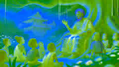 An elderly King Osei Tutu shares his story with children, sitting under a large tree in a vibrant garden.