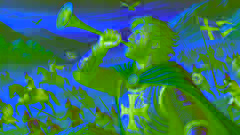 Roland blowing his oliphant horn on the battlefield, calling for aid.