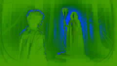 Goody Cloyse holds the serpent-like staff in a forest clearing, while Goodman Brown watches in shock from the shadows.