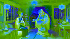 The Laughing Buddha offering a wooden toy to a widow named Mei inside her humble home.
