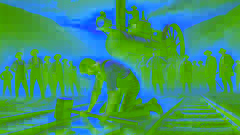 Der erschöpfte John Henry kniet mit seinem Hammer, während die Dampfwinde im Hintergrund schweigt.