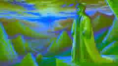 Key Khosrow stands on a mountain cliff at sunset, looking out to the horizon in contemplation.