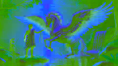 Bellerophon gently approaches Pegasus with a golden bridle by a serene Greek spring at dawn.