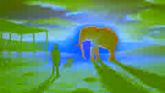 The protagonist witnesses the shrunken, ghostly figures of the elephant and its keeper in the enclosure at sunset