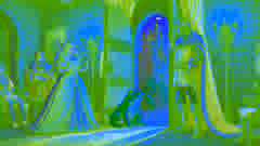 The frog stands at the castle door as the princess and the king look on in surprise.