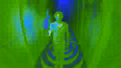 Thésée arpente les sombres corridors du labyrinthe, tenant une torche à la main et déroulant un fil. 