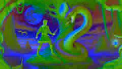 Askeladden se enfrenta a una enorme serpiente que custodia un huevo dorado en un árbol junto al lago iluminado por la luna.