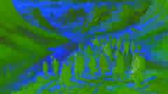 Warriors and shamans trek through rugged mountains toward the Serpent’s lair, with a lake visible in the background.