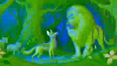 A cunning jackal named Kalila, with a glint of deceit in his eyes, speaks to the lion Shere.