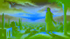 Arash, como un líder sabio, se encontraba en una colina mirando su aldea al atardecer, vigilado por el Simorgh.