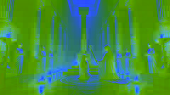 Myrine se ajoelha diante do sagrado trípode durante seu treinamento como Pítia dentro do templo de Apolo, guiada por sacerdotisas.