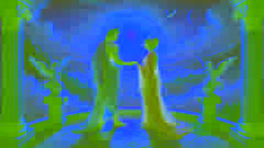 Zeus e Hera estão em uma varanda de mármore, reconciliando-se sob um céu dourado com nuvens e pássaros divinos ao fundo.