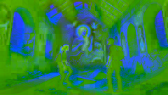 Inside a ruined chapel, frescoes of a mythical figure and shadowy creatures are illuminated by faint light.