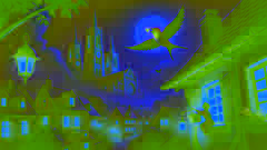 Una golondrina vuela a través de la noche llevando un rubí, con una catedral y los tejados de la ciudad abajo.