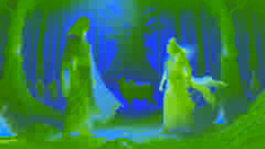 Vashishta y Vishwamitra se enfrentan en un antiguo bosque, mientras la vaca divina Nandini se encuentra cerca.