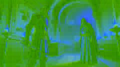 Altair konfrontiert Garnier de Naplouse in einem schwach beleuchteten Steingebäude, während er seine versteckte Klinge für den finalen Schlag vorbereitet.