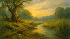 Sonnenaufgang über dem Arkadischen Tal, mit einer verwitterten Eiche und aufrecht stehenden Schilfrohren an einem klaren Bach.