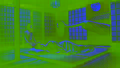 Yumi's head floats by the window while Kenta watches her transformation in horror from the shadows of their moonlit room.