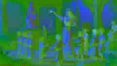 Elara enseñando a jóvenes bailarines la danza coribántica en un sereno bosque sagrado.