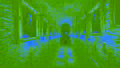 Un pasillo débilmente iluminado, con antorchas titilantes y retratos antiguos distorsionados en la Abadía de Exham.