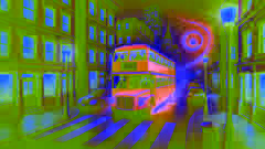 A magical bus speeding through dark city streets at night with vibrant purple lights illuminating the scene.