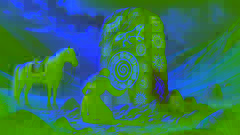 Turkyn se arrodilla junto a un antiguo pilar de piedra adornado con símbolos brillantes, mientras su caballo Karash permanece cerca.