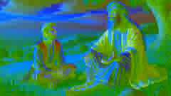 The king reveals his identity to the surprised shepherd under an evening sky.