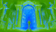 Callisthenes stands in awe before the glowing golden gates of Elysium, which open to reveal paradise beyond.
