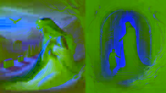 Deméter llora la partida de Perséfone, quien desciende al inframundo con Hades, en un fuerte contraste entre la tierra estéril y las puertas siniestras.