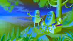 Spud y Chip, un nuevo amigo, se encuentran en un mirador escénico al atardecer, admirando la vista.