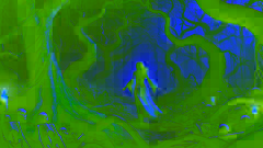 Aletheia schreitet selbstbewusst durch den gespenstischen Wald der Schatten, umgeben von verdrehten Bäumen und Nebel.