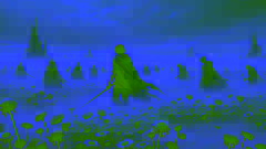 Callisthenes walks through the misty Plains of Asphodel, surrounded by pale flowers and wandering, ghostly souls.