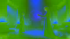 Issy utiliza magia para recomponer el cuerpo de Oz en un templo tenuemente iluminado, con Nephy ayudándola.