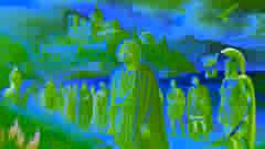 Daedalus trifft in Sizilien ein und wird von König Cocalus empfangen, mit dem sizilianischen Palast und dem Meer im Hintergrund.
