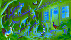 Animals stacked on each other's backs outside a house, making noise to scare away robbers. Dark forest with a warmly lit house.