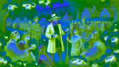 Johnny Appleseed interactuando con los colonos y los nativos americanos, compartiendo historias y plantones de manzano.
