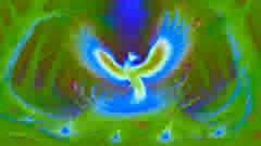 El Fénix renacido surge de las cenizas, con las alas extendidas en un brillante despliegue de energía radiante y color.