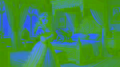 The reluctant princess carries the frog to her bed, holding him at arm's length.