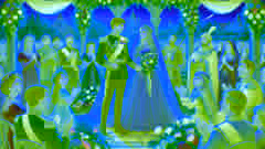 Un soldado y la princesa mayor se casan en un jardín vibrante, rodeados de invitados sonrientes y flores coloridas.