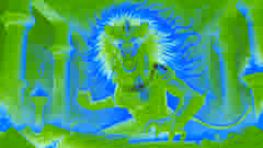 Hathor en su feroz forma de leona como Sekhmet, rodeada de llamas, en una postura de combate.