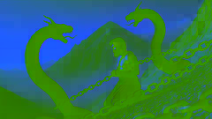 Zahhak, enchaîné au Mont Damavand, vaincu, avec des serpents sans vie sur les épaules, à l'aube.