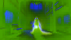 El fantasma de Meilin, vestido con un deslumbrante vestido de novia rojo, brilla tenuemente mientras deambula por los deteriorados pasillos de la mansión del General Wu.